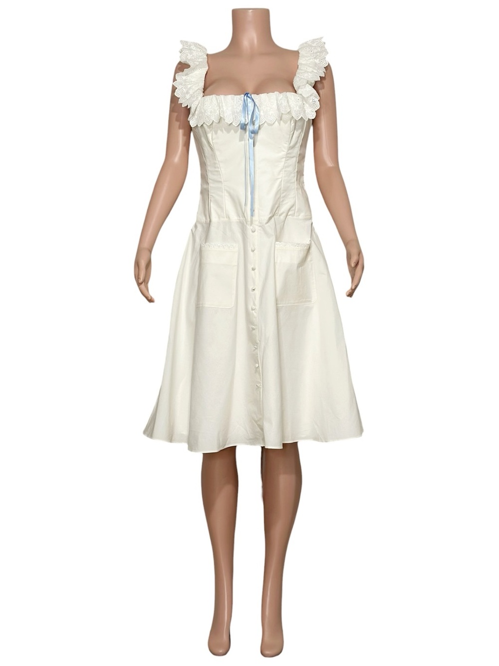 HOUSE OF CB Mathilde Broderie-Anglaise Stretch-Cotton Dress, Cloud Dancer, L+ - Picture 5 of 11